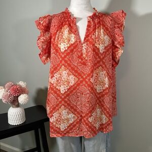 NWT Mittoshop 1x Printed Butterfly Sleeve‎ Blouse Floral Orange